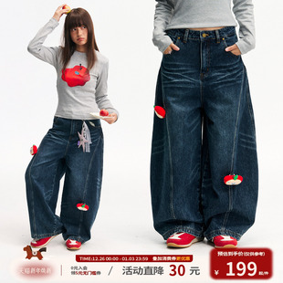 宽松休闲弯刀裤 江南先生NewJNXS美式 复古毛绒苹果别针分割牛仔裤