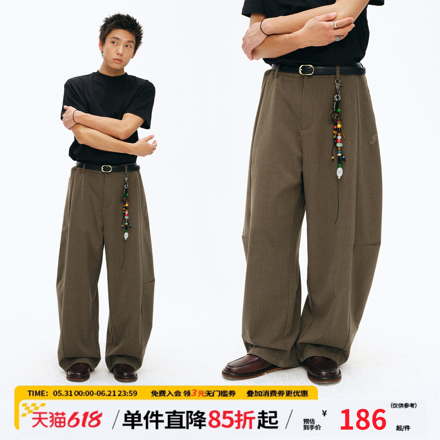 江南先生NewJNXS棉麻抗皱可调节搭扣休闲裤夏分割压褶西装弯刀裤