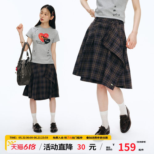 江南先生NewJNXS经典A字廓形梭织格纹百褶半裙文艺休闲屁帘女