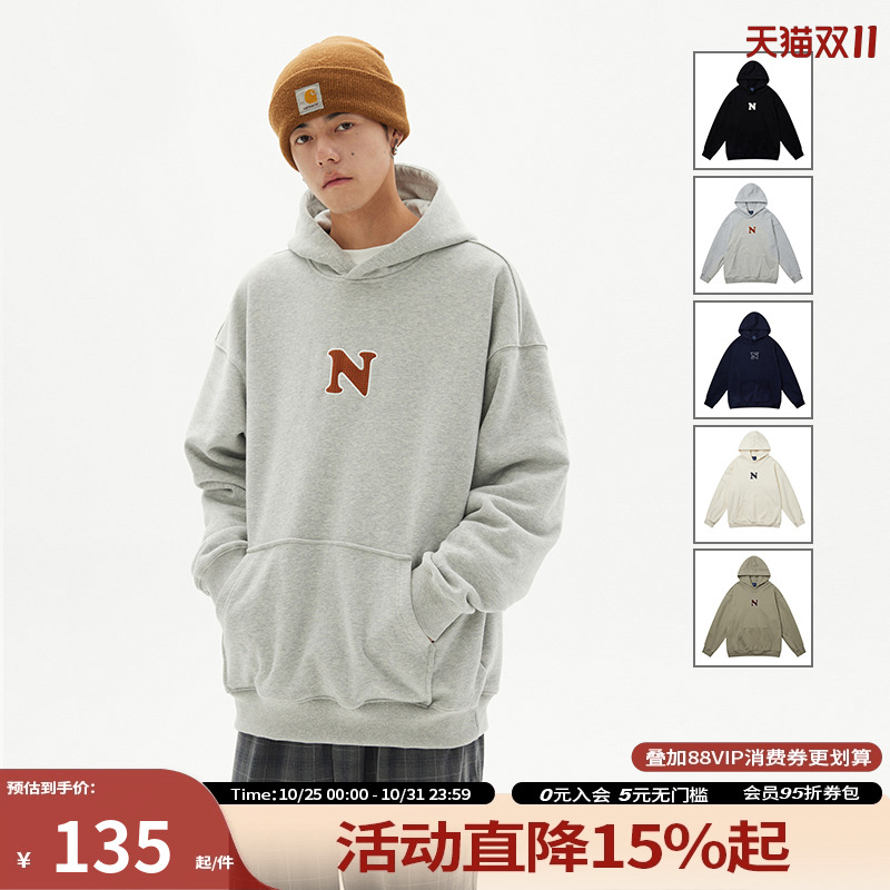 江南先生NewJNXS复古重磅贴布绣连帽卫衣男女春秋潮牌情侣装外套