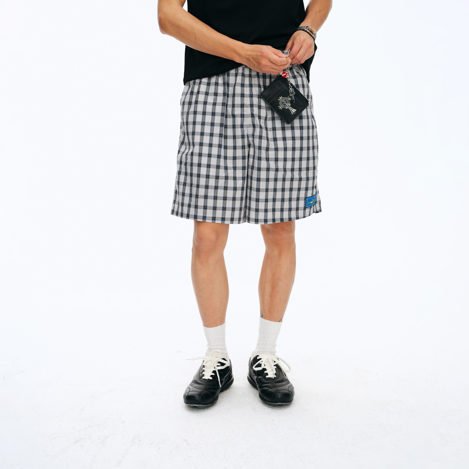 江南先生NewJNXS复古格纹阔腿短裤夏季刮刮乐织唛logo休闲裤男女图片