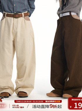 江南先生NewJNXS纯棉斜纹撞色格子拼接加厚阔腿休闲弯刀长裤秋冬