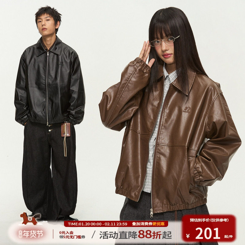 江南先生NewJNXS复古翻领双开拉链皮衣夹克男女休闲logo刺绣外套,男装,皮衣,淘宝优惠券,粉丝福利购,淘宝优惠卷