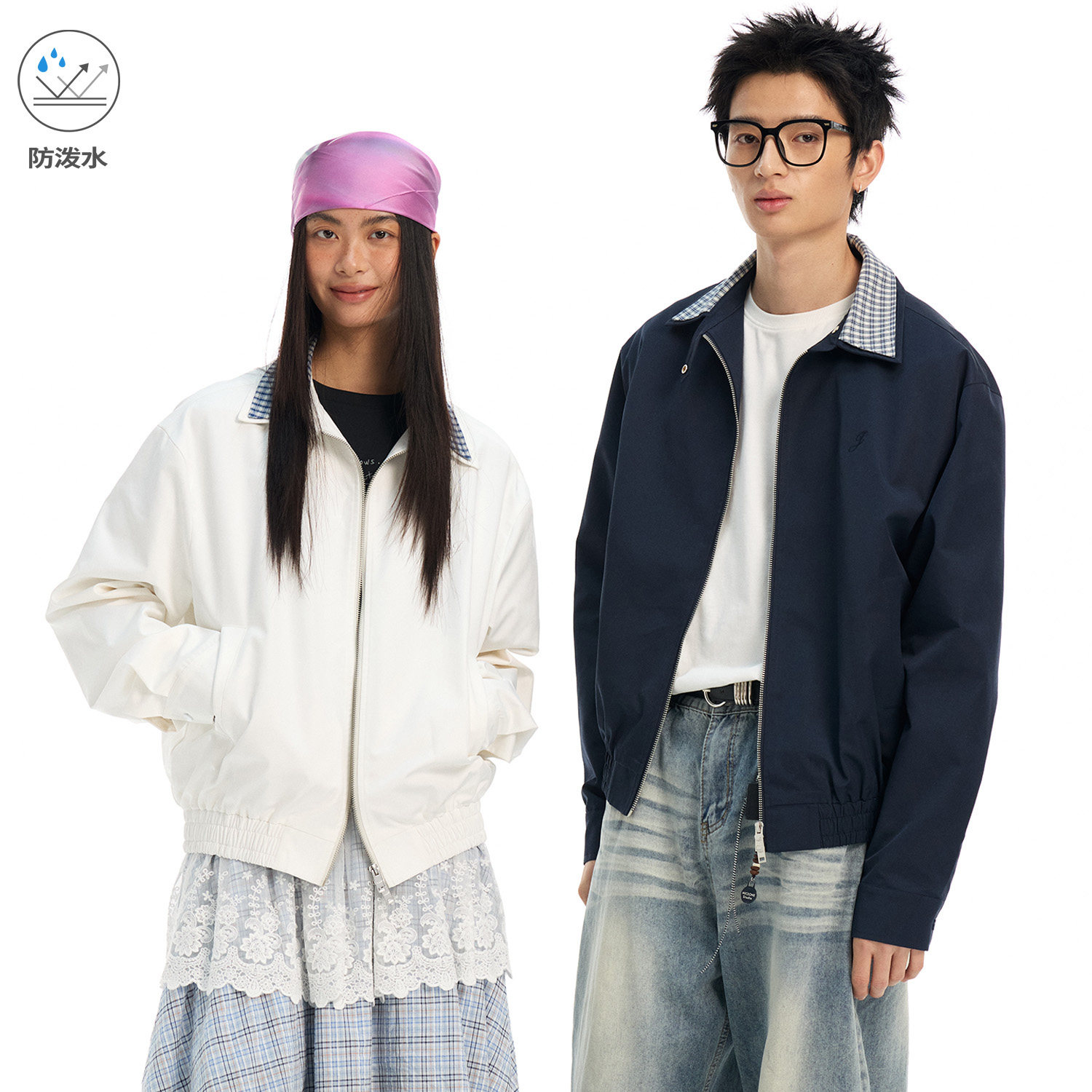 江南先生NewJNXS防泼水翻领格纹拼接休闲工装夹克男女假两件外套图片