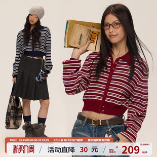 江南先生NewJNXS复古含羊毛条纹毛衣开衫 女早春迷你扣内搭针织衫