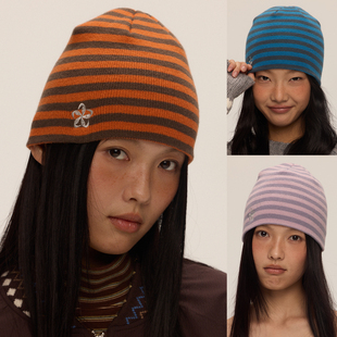 江南先生NewJNXS轻盈保暖粗条纹针织帽立体小花logo刺绣圆顶冷帽