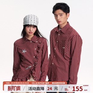 江南先生NewJNXS复古英伦风红色格纹珠片绣衬衫 休闲衬衣 春秋时尚