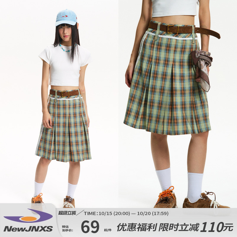 江南先生NewJNXS 美式复古格纹高腰百搭半身裙夏季蕾丝拼接中长裙