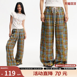 夏宽松百搭直筒长裤 江南先生NewJNXS星星格子印花薄款 辣妹休闲裤