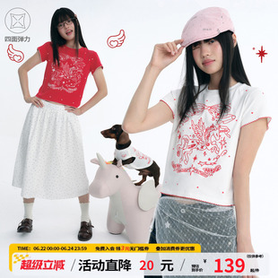 江南先生NewJNXS俏皮翅膀独角兽印花T恤半袖夏弹力修身波点短袖女