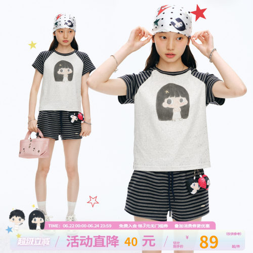 【江南先生&Kuku联名】小女孩图案条纹拼接短款修身烫银短袖T恤女