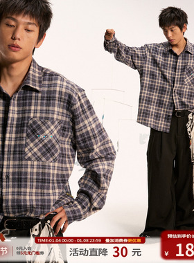 江南先生NewJNXS复古蓝色格纹烫钻logo衬衫秋季宽松休闲衬衣外套