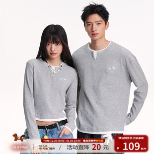 休闲百搭情侣装 江南先生NewJNXS华夫格肌理撞色假两件长袖 T恤秋季