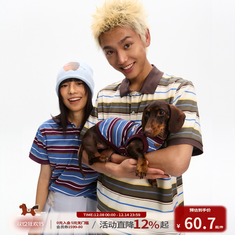 【江南先生&andallpet联名】美式条纹polo短袖t长短款宽松上衣夏