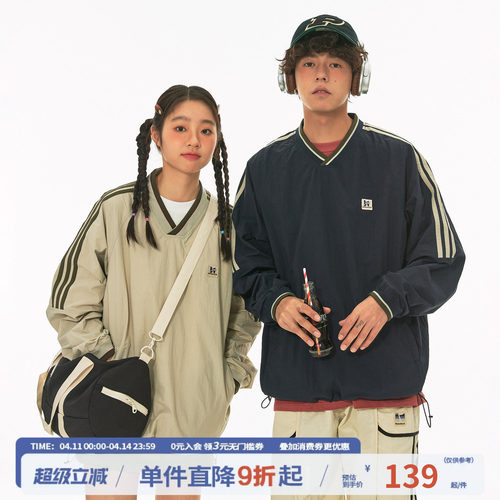 江南先生NewJNXS美式复古织带V领插肩袖情侣卫衣潮男女宽松上衣春