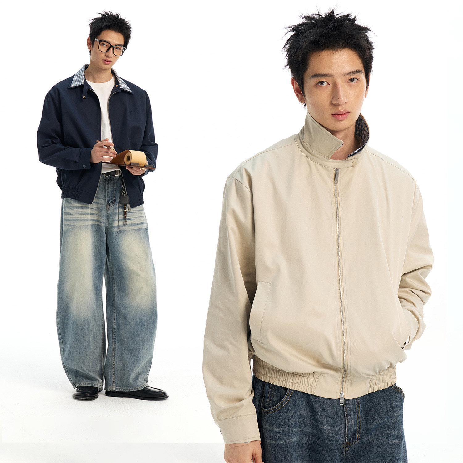 江南先生NewJNXS防泼水哈灵顿翻领格纹休闲假两件夹克外套男女秋图片