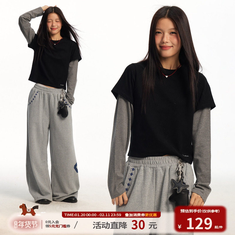 江南先生NewJNXS刺绣圆领撞色拼接袖T恤春季修身短款假两件上衣女,男装,T恤,淘宝优惠券,粉丝福利购,淘宝优惠卷