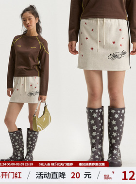 江南先生NewJNXS恒温舒适撞色织带卫裙春烫金烫银星星印花A字短裙