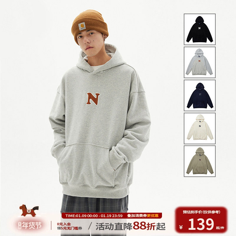 江南先生NewJNXS复古重磅贴布绣连帽卫衣男女春秋潮牌情侣装外套