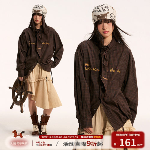 江南先生NewJNXS可拆卸领巾复古格纹长袖衬衫秋情侣款百搭外套