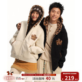 江南先生NewJNXS 马上有 加绒仿麂皮豹纹贴布连帽座山雕卫衣外套