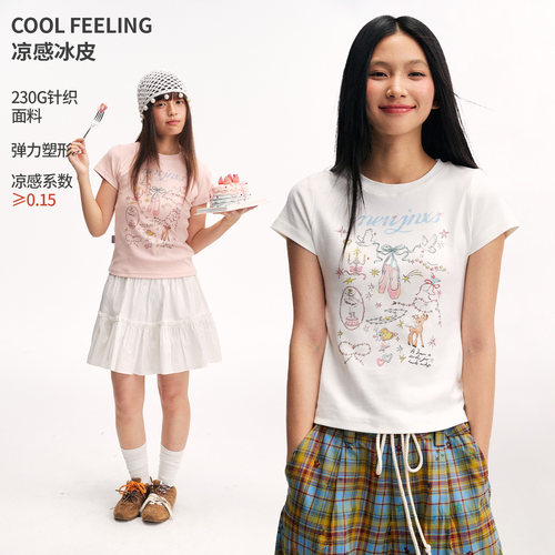 江南先生NewJNXS芭蕾少女凉感冰皮正肩t恤夏露脐修身涂鸦印花短袖