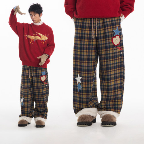 江南先生NewJNXS新年加绒格纹贴布绣休闲裤秋冬精致彩色裤绳长裤