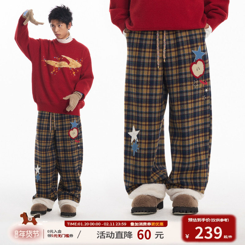 江南先生NewJNXS新年加绒格纹贴布绣休闲裤秋冬精致彩色裤绳长裤,男装,休闲裤,淘宝优惠券,粉丝福利购,淘宝优惠卷