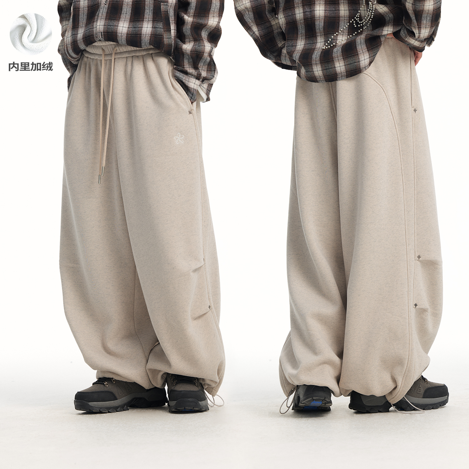江南先生NewJNXS高克重加绒保暖打褶卫裤秋冬分割铆钉松紧腰长裤