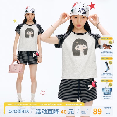 【江南先生&Kuku联名】小女孩图案条纹拼接短款修身烫银短袖T恤女