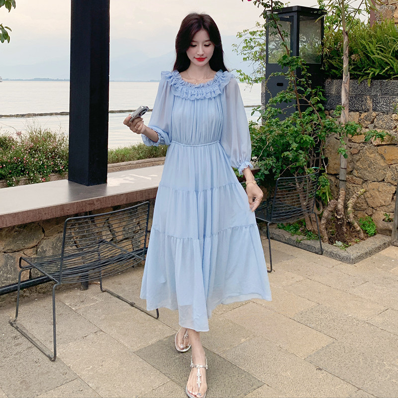 浅蓝色法式减龄木耳边连衣裙女2025年夏季新款温柔风一字肩A字裙,女装连衣裙,2D084
