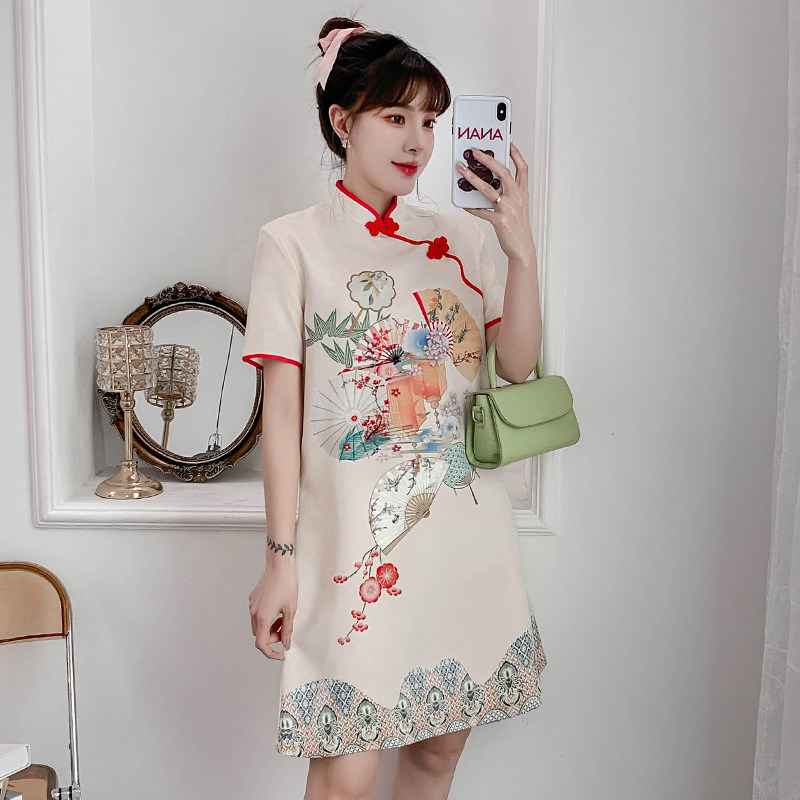 YOUNG CHEONGSAM DAILY PLUS-SIZE WOMENS SUMMER RECREATION CLASSICAL ELEGANCE PRINT SLIM SLIM MODIFIED DRESS