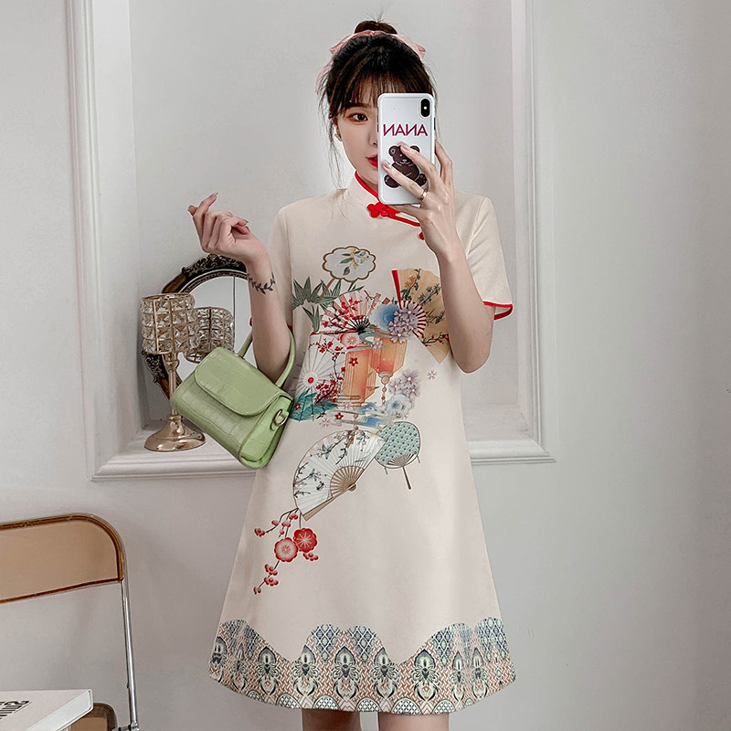 YOUNG CHEONGSAM DAILY PLUS-SIZE WOMENS SUMMER RECREATION CLASSICAL ELEGANCE PRINT SLIM SLIM MODIFIED DRESS