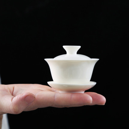 热卖少儿茶艺盖碗茶杯大小号玉瓷纯白色泡茶碗陶瓷功夫茶具三才碗