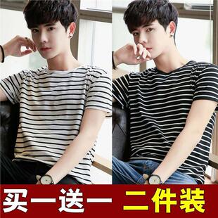 条纹打底潮半袖 2021男体恤短袖 新款 夏季 黑白潮流 恤圆领韩版 t衫
