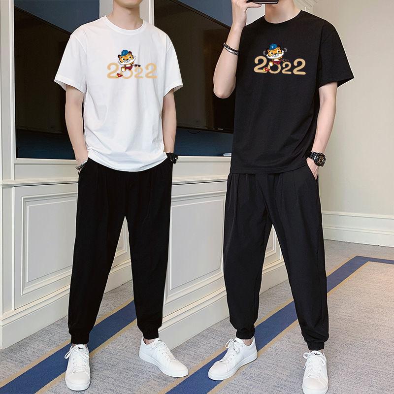 2022新款夏季男士运动套装青少年 九分裤短袖T恤两件套男装潮半袖