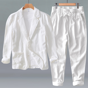 春秋季苎麻小西装套装男士文艺商务休闲西服男装薄款棉麻便服外套