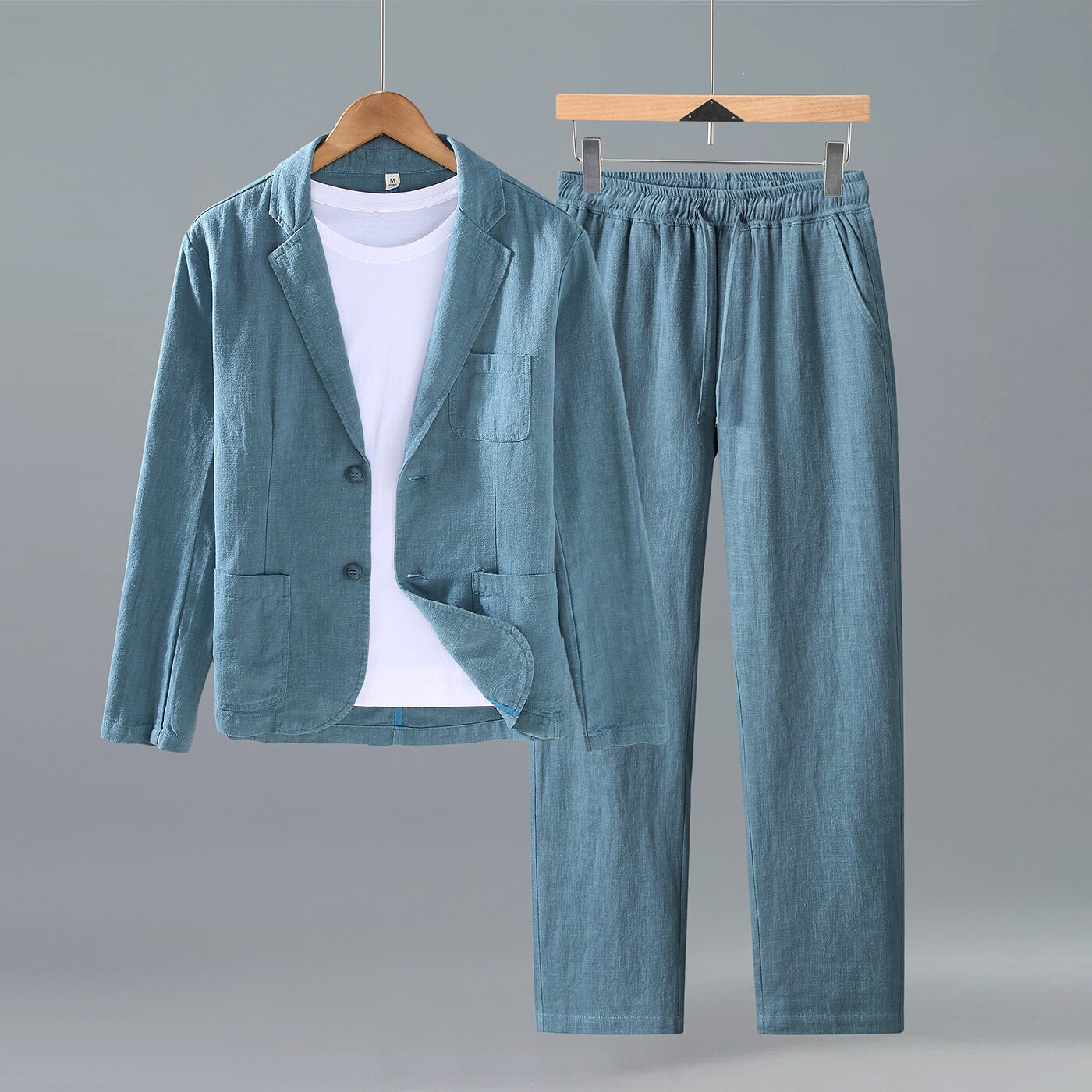 春秋男士苎麻商务休闲西服套装潮流百搭西装便服棉麻外套休闲裤