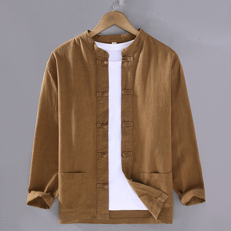 亚麻立领盘扣衬衫外套