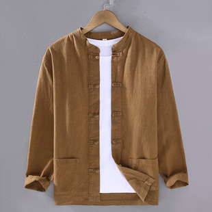 亚麻立领盘扣衬衫外套麻布男装中国风男士禅修茶服太极服汉服衬衣