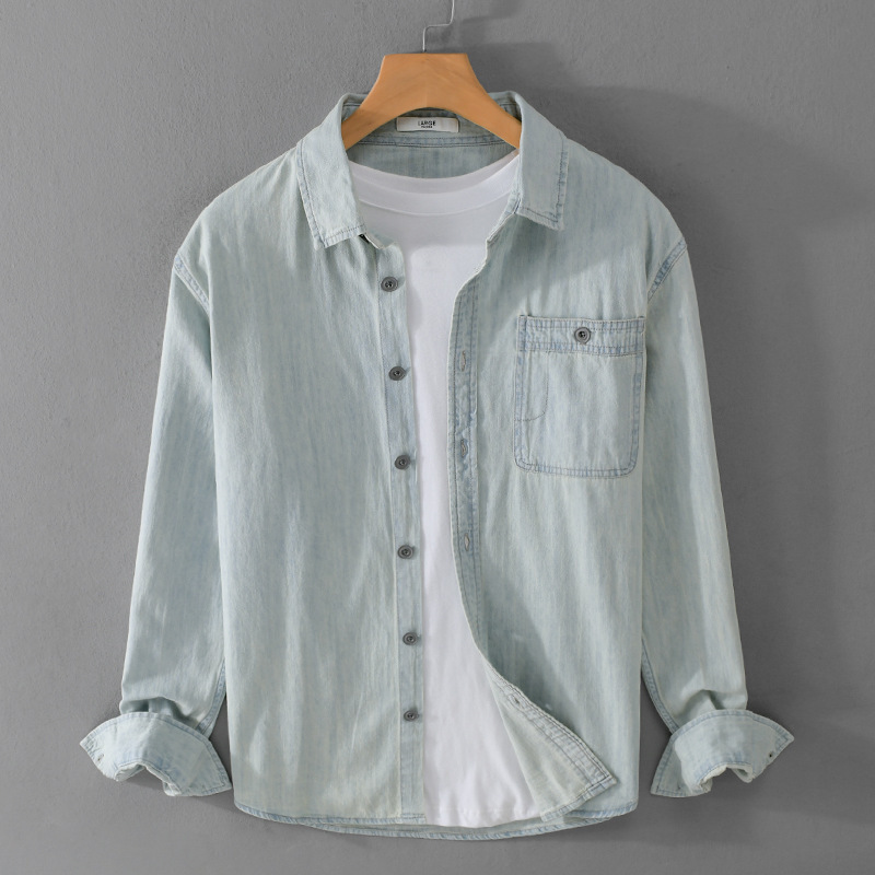 春秋日系复古长袖牛仔衣男休闲薄