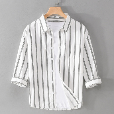 夏季纯棉条纹七分袖衬衫男士半中