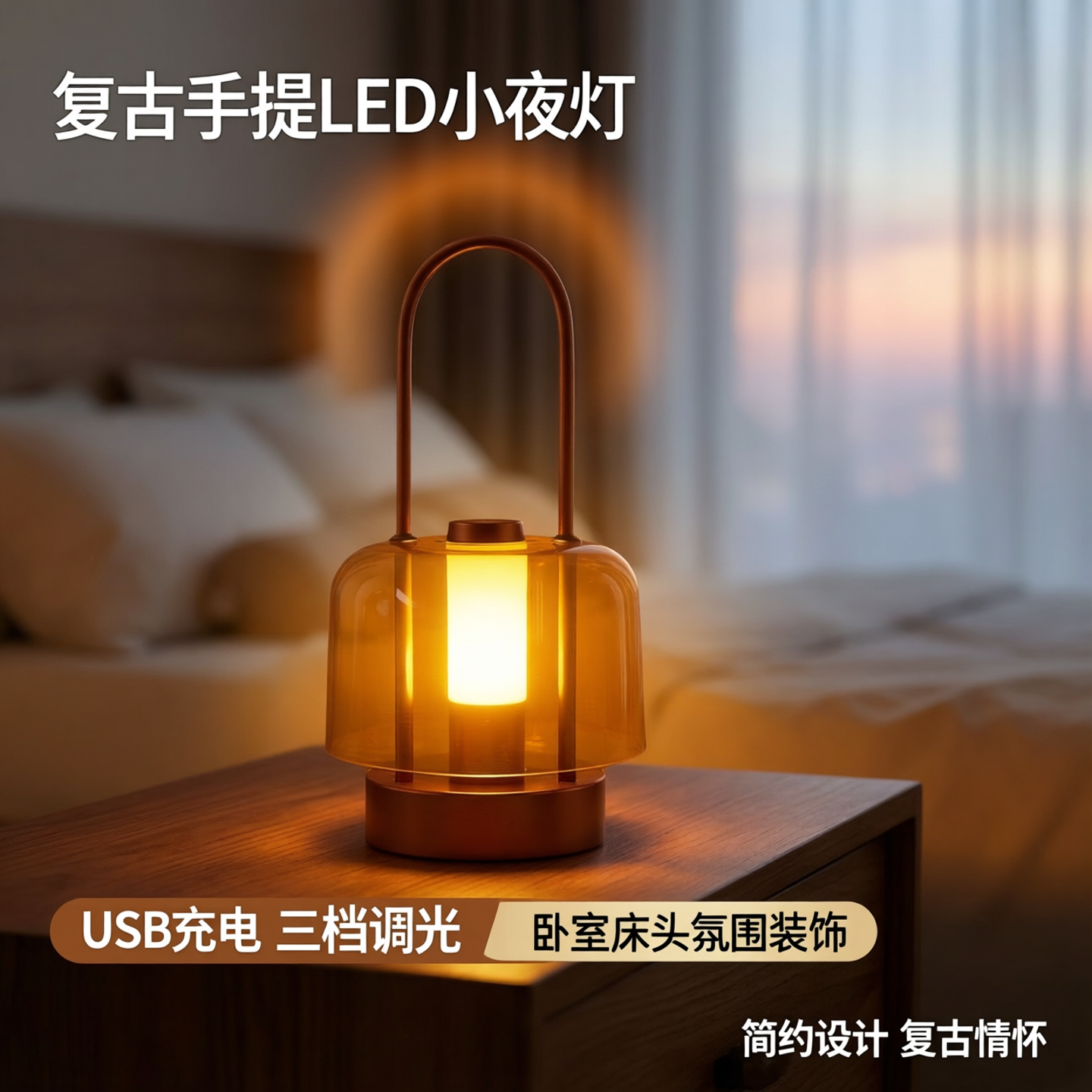 复古便携式手提式LED小夜灯USB充电三档调光卧室床头氛围装饰台灯