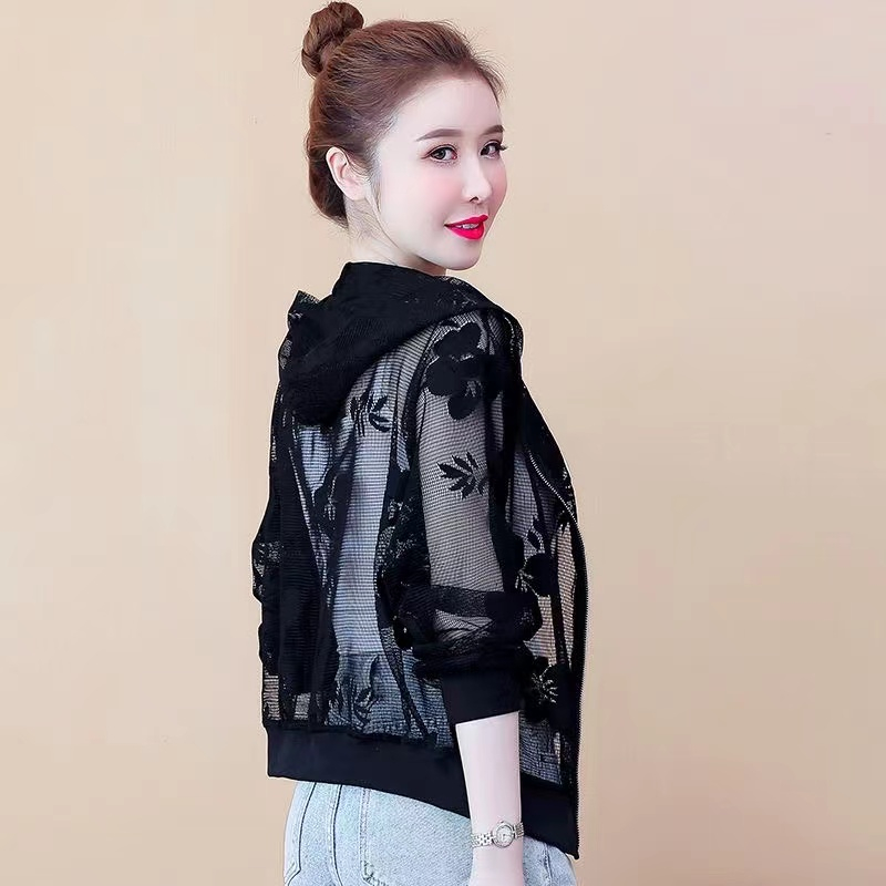 品牌折扣新款外贸专柜女装清仓大码蕾丝透明薄款连帽短款防晒衣女