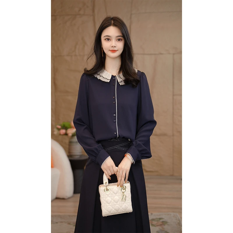 曼贝2026新款长袖衬衫女设计感小众气质宽松洋气百搭8593017双色