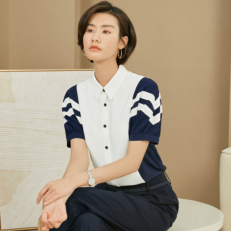 雪纺衬衫女短袖2026夏装新款职业大码上衣韩版设计感小众拼接衬衣