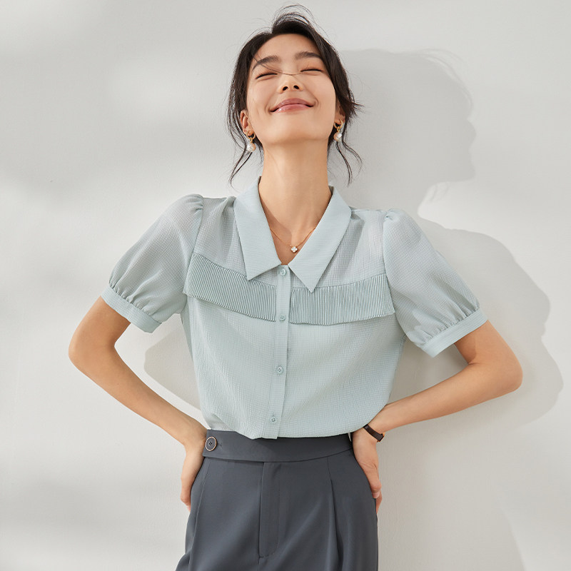 曼贝雪纺短袖衬衫女2026夏季新款洋气设计感小众宽松职业衬衣上衣