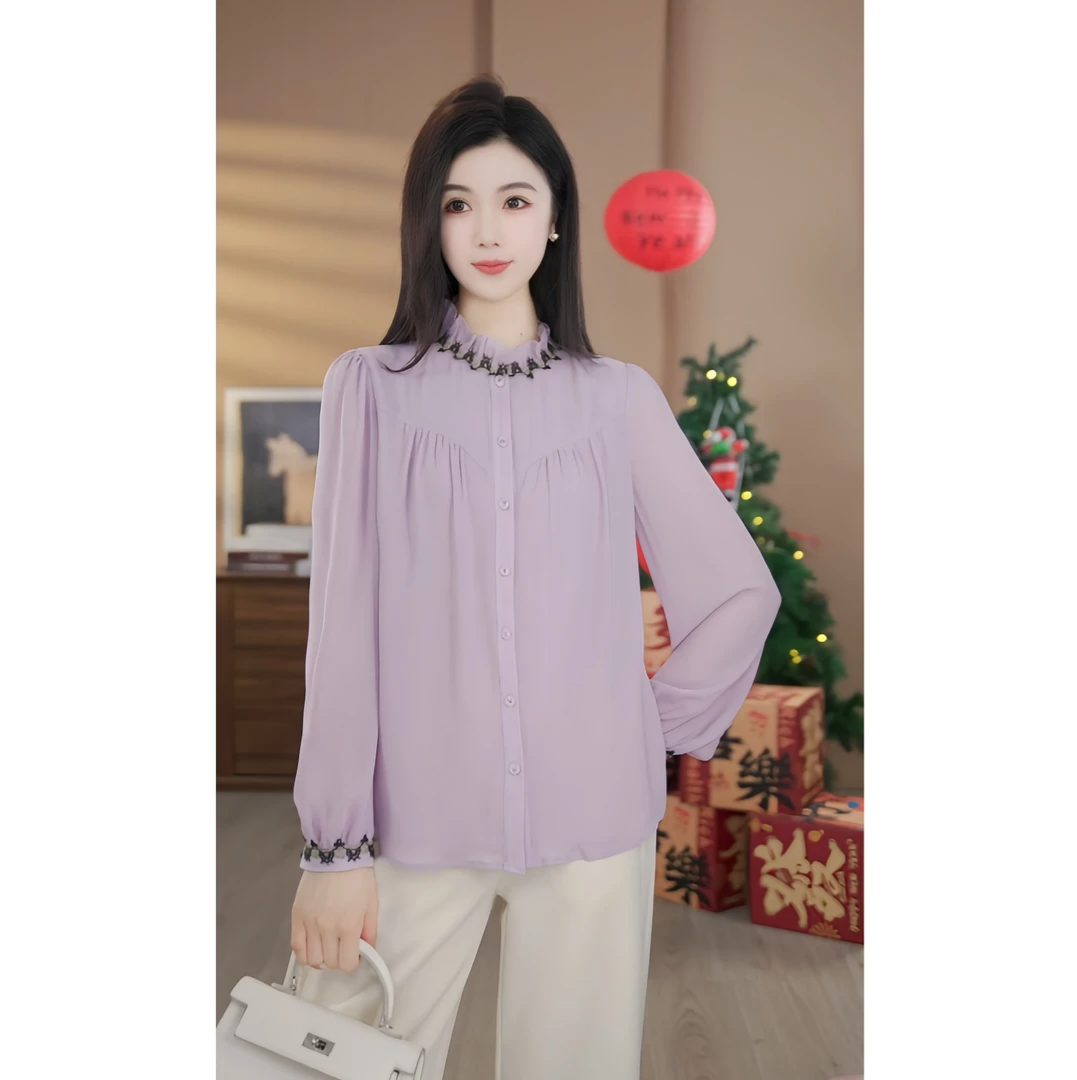 曼贝衬衫女2026新款设计感小众气质洋气衬衣上衣8691207粉紫色