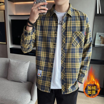 保罗格子衬衫男款2024新款秋冬加绒长袖衬衣男士上衣潮流休闲外套
