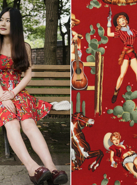 复古红色底色斜纹印花府绸 西部女郎 手工DIY 布料 出口美国